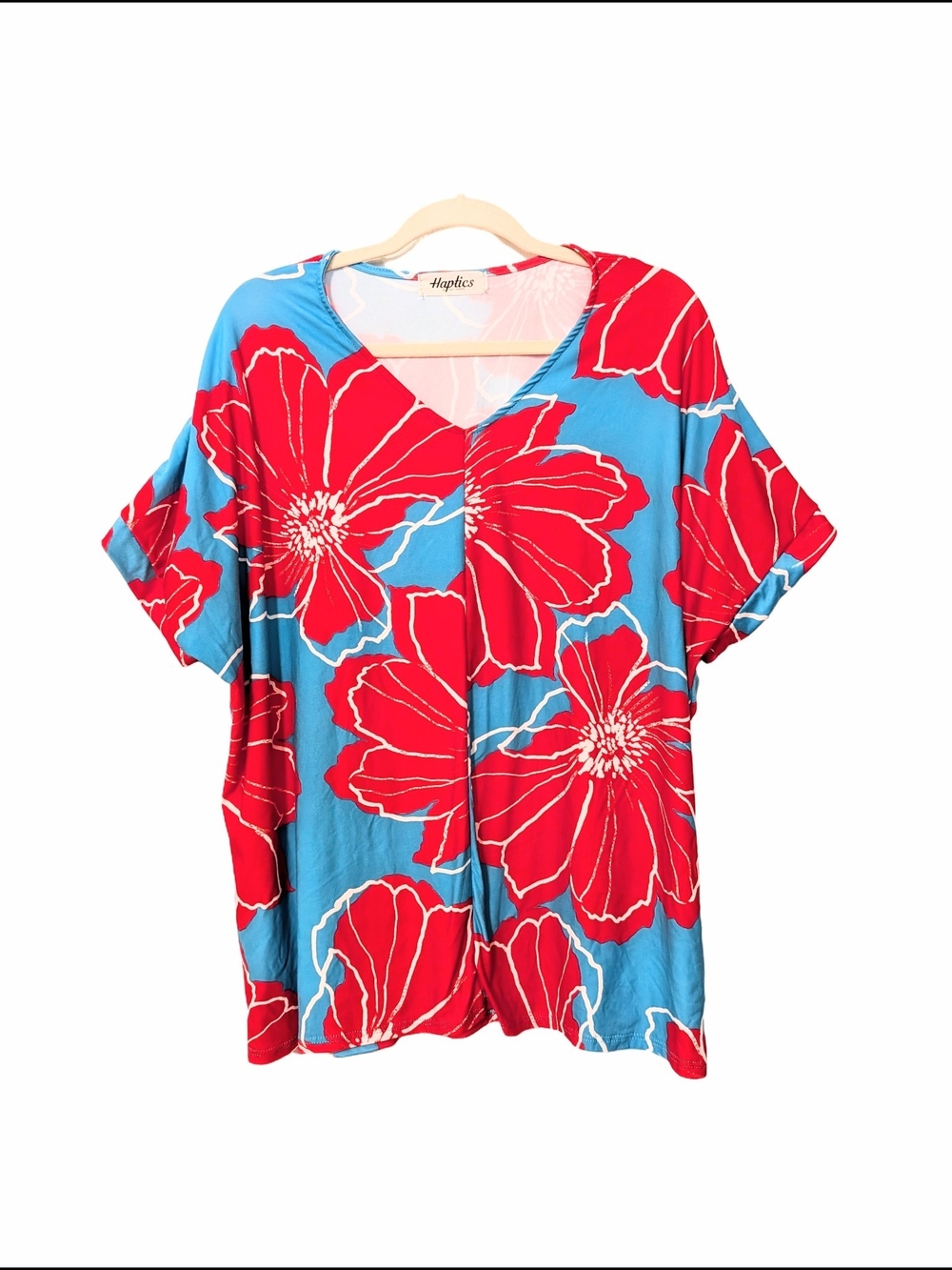Vibrant Bright Blue & Red Floral V-Neck Top By Haptics